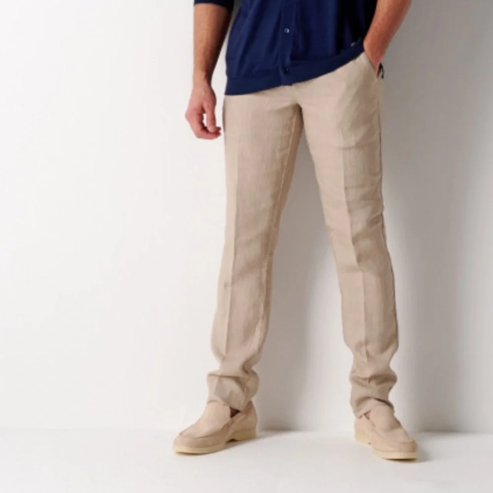 New Mens Europann Saint Tropez Dylan Beige Casual‎ Linen Trousers Pants